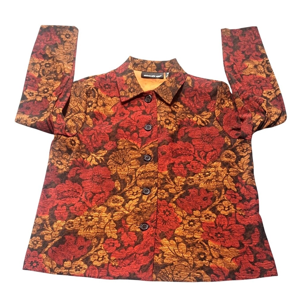 Briggs New York Womens Floral Tapestry Button Front Jacket Red Brown Size M